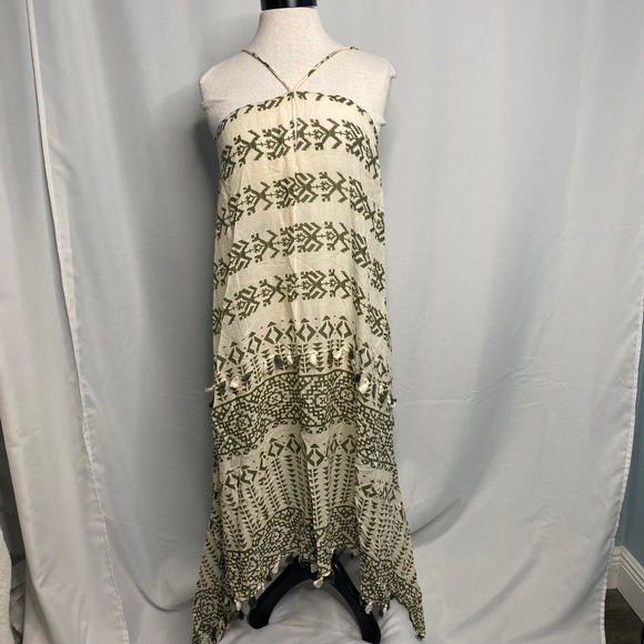 lovestitch Dresses & Skirts - Lovestitch Olive Green Tribal Print Tassel Maxi Dress Handkerchief Hem S/M NEW